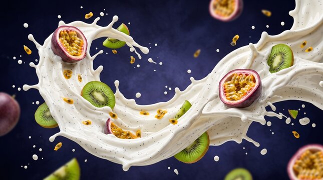 Dynamic Splash of Milk with Fresh Passion Fruit and Kiwi Slices.
