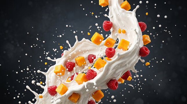 Dynamic Splash of Milk with Fresh Raspberries and Mango Chunks on a Dark Background.