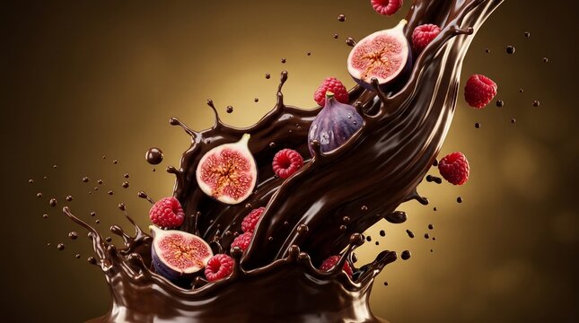 Dynamic Splash of Rich Dark Chocolate with Fresh Figs and Raspberries.