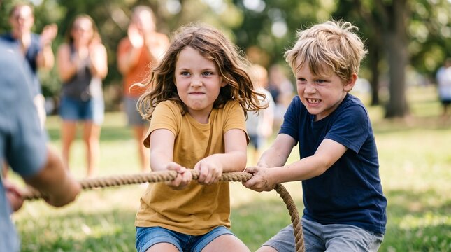Active caucasian children pulling rope during a competitive tug of war game on green grass. Siblings enjoying energetic outdoor play and team competition at summer park camp.