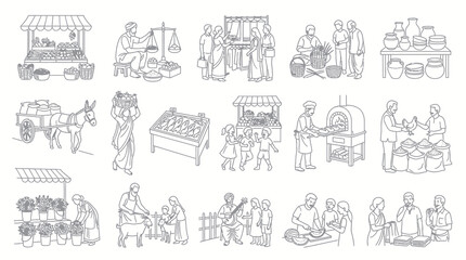 Naklejka premium Black White Line Art Market Scene: People Buying and Selling Food, Produce, and Goods
