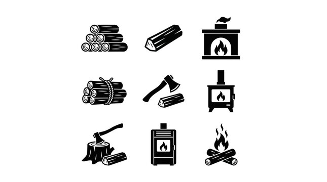 Firewood logs and fireplace icons set.
