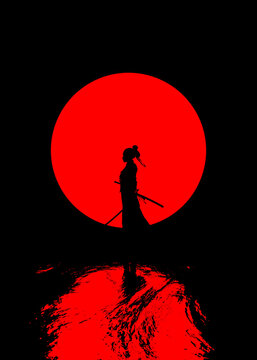Ronin Warrior Silhouette Against Giant Red Sun