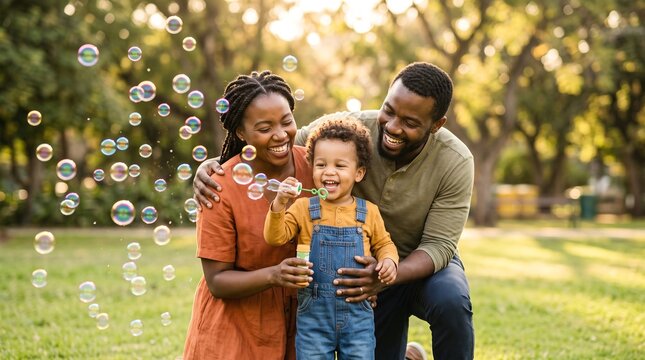 Happy african american family blowing soap bubbles during outdoor play in sunny park. Loving young parents enjoying fun weekend leisure recreation with toddler son on green grass.