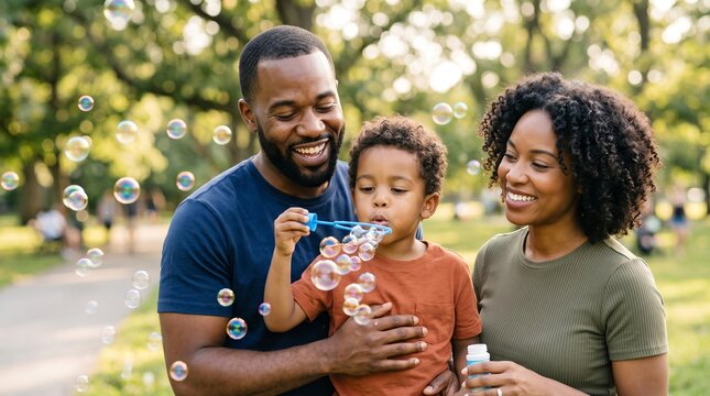 Happy african american family with little son blowing soap bubbles in sunny green park. Smiling parents enjoying outdoor play and cheerful weekend leisure activity with their toddler.
