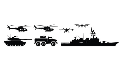 Fototapeta premium Silhouettes of various military combat vehicles helicopters navy destroyer drones and tanks represent defense and armed forces.