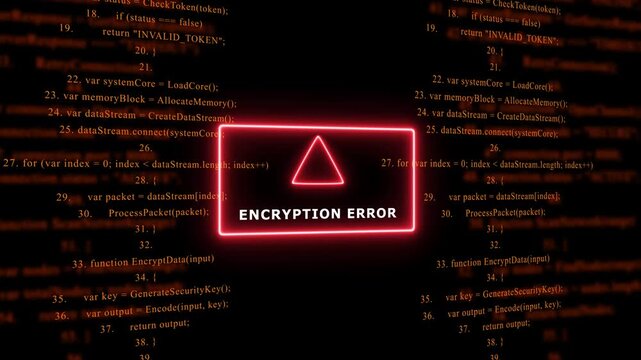 Red Exclamation Mark Warning Symbol ENCRYPTION ERROR. warning sign over abstract software programming code background, for cyber security and, tech concepts, 4k animation video