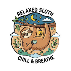 Naklejka premium Cute cartoon sloth hanging from a tree branch drinking coffee with text.