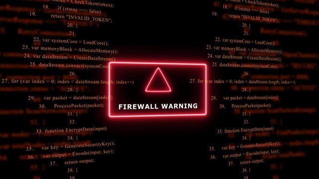 Red Exclamation Mark Warning Symbol FIREWALL WARNING. warning sign over abstract software programming code background, for cyber security and, tech concepts, 4k animation video