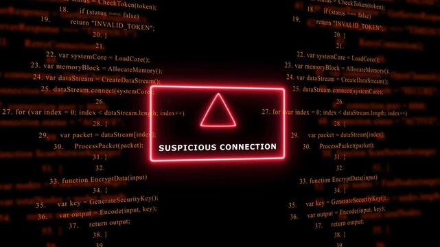 Red Exclamation Mark Warning Symbol SUSPICIOUS CONNECTION. warning sign over abstract software programming code background, for cyber security and, tech concepts, 4k animation video