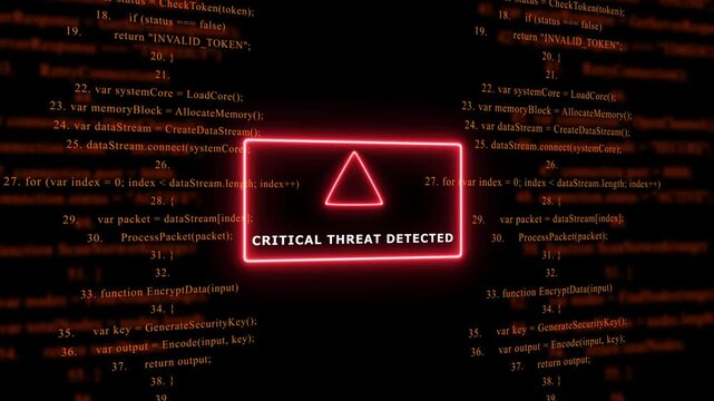 Red Exclamation Mark Warning Symbol CRITICAL THREAT DETECTED. warning sign over abstract software programming code background, for cyber security and, tech concepts, 4k animation video