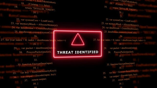 Red Exclamation Mark Warning Symbol THREAT IDENTIFIED. warning sign over abstract software programming code background, for cyber security and, tech concepts, 4k animation video