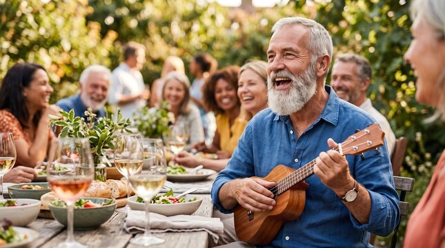Happy senior caucasian man playing ukulele and singing at garden dinner table with family. Cheerful pensioner enjoying music and outdoor play with friends during a sunny backyard party.