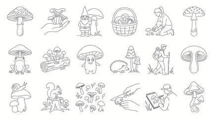 Obraz premium Nature Fungi Mushroom Foraging Black and White Line Art Set. Outline Icons and Forest Illustrations.