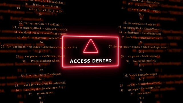 Red Exclamation Mark Warning Symbol ACCESS DENIED. warning sign over abstract software programming code background, for cyber security and, tech concepts, 4k animation video