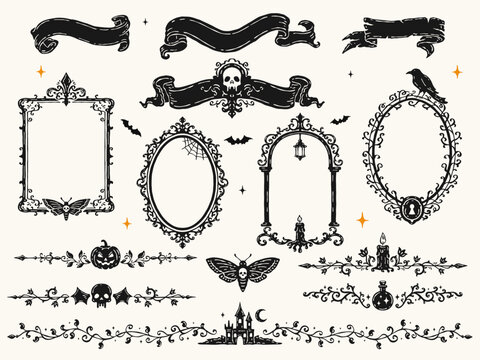 Vintage Halloween gothic decorative collection with ornate ribbons, frames and dividers, raven, jack-o'-lantern, skull, candle, crystal ball, moon, haunted castle and small bats