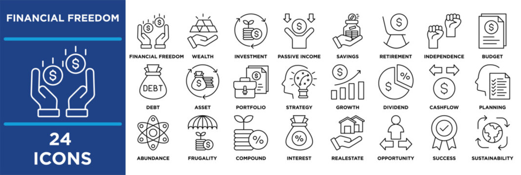 financial freedom icon collection set. Containing Wealth, Investment, Passive, Income, Savings, Retirement and Independence. line vector.