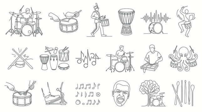 Music Percussion Black  White Line Art Icons Set: Drums, Drummers, Instruments, Rhythm Elements