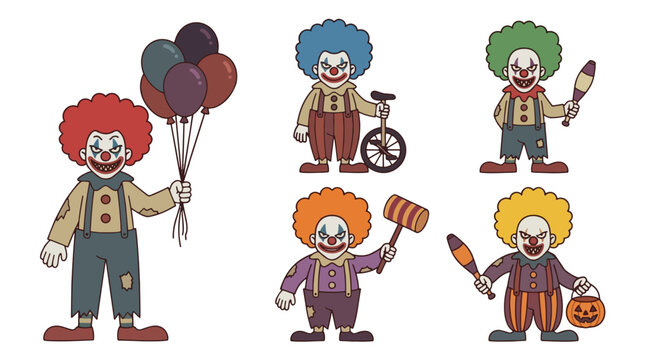 Creepy circus clowns character set with balloons unicycle and halloween props