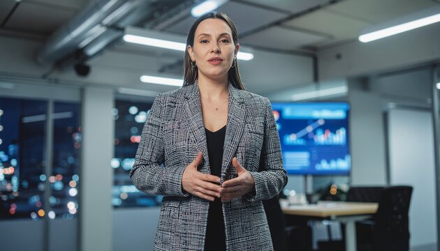Confident female professional with endomorph body type delivers corporate presentation in modern office