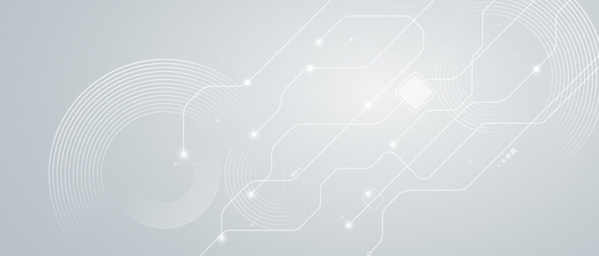 Gray technology abstract background with white circuit lines and circular pattern.