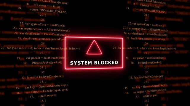 Red Exclamation Mark Warning Symbol SYSTEM BLOCKED. warning sign over abstract software programming code background, for cyber security and, tech concepts, 4k animation video