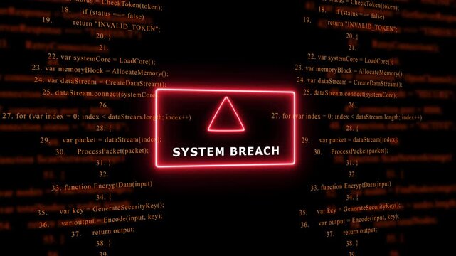 Red Exclamation Mark Warning Symbol SYSTEM BREACH. warning sign over abstract software programming code background, for cyber security and, tech concepts, 4k animation video
