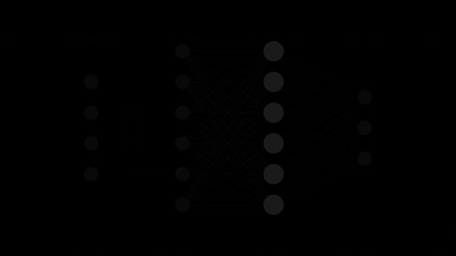 Black neural network layers with pulsing signals, machine learning ai loop, transparent background