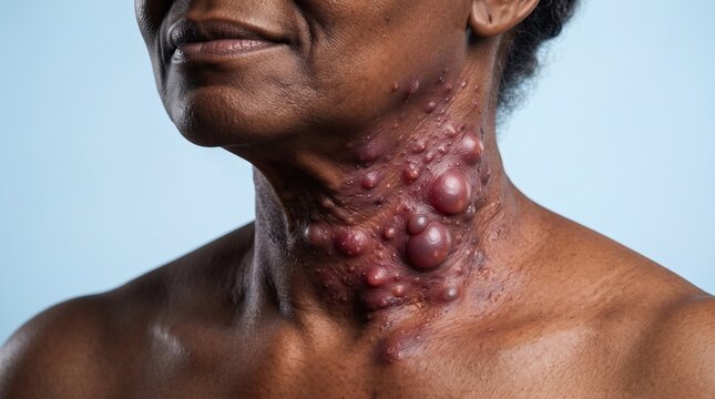 Close-up of severe cystic acne, keloids or hidradenitis suppurativa on the neck and jawline of a dark-skinned person.