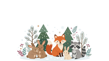 Naklejka premium Cute woodland animal group with fox, rabbits, raccoon and winter foliage.