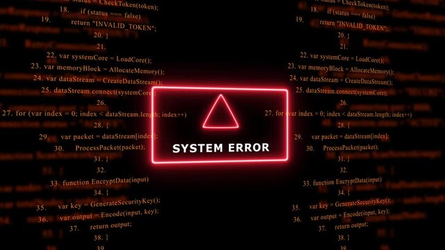 Red Exclamation Mark Warning Symbol SYSTEM ERROR. warning sign over abstract software programming code background, for cyber security and, tech concepts, 4k animation video