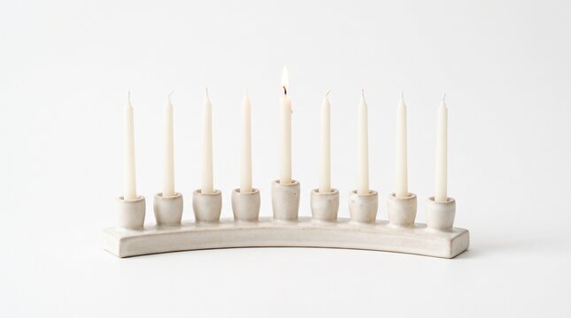 White ceramic Hanukkah menorah with unlit candles on minimalist background for holiday decor