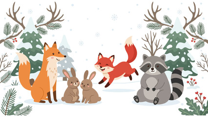 Naklejka premium Whimsical winter woodland scene with foxes, rabbits and a raccoon playing in snow.