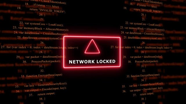 Red Exclamation Mark Warning Symbol NETWORK LOCKED. warning sign over abstract software programming code background, for cyber security and, tech concepts, 4k animation video