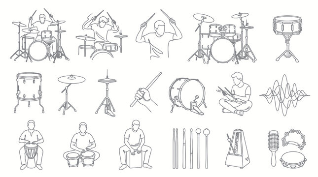 Music Drumming Line Art Icons Set. Black  White Outline Percussion Instruments and Drummers Collection.