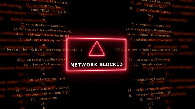 Red Exclamation Mark Warning Symbol NETWORK BLOCKED. warning sign over abstract software programming code background, for cyber security and, tech concepts, 4k animation video