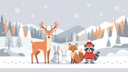 Fototapeta premium Winter woodland illustration of deer, fox, raccoon and rabbits in snowy landscape.