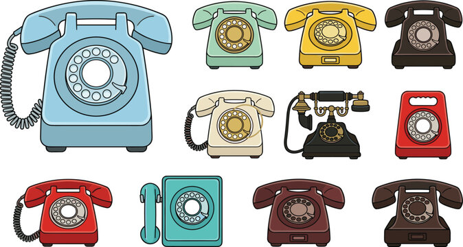 Vintage rotary dial telephone vector illustration set featuring diverse retro mid century landline phones antique candlestick model and classic wall mount phone isolated on white background
