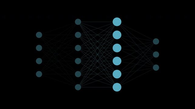 Blue neural network layers with pulsing signals, machine learning ai loop, transparent background