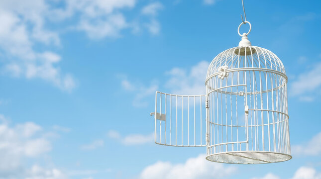 Birdcage with open door beneath blue sky, symbolizing labor shortage impact and freedom with calm emotion