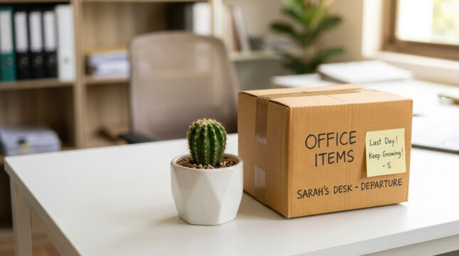 Office item cardboard box with cactus symbolizing labor shortage impact and employee departure in workplace setting