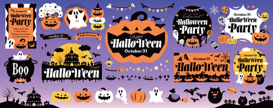ハロウィンパーティーのベクターアイコンイラストと背景フレームセット_ハロウィーンイベントに最適なかぼちゃやおばけ、シルエットデザインなど