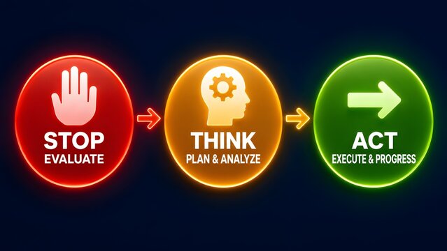 Strategic decision making process concept showing evaluate think and act phases for business progress
