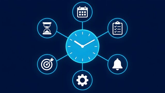 Digital time management dashboard ecosystem with clock and productivity scheduling icons on blue network background