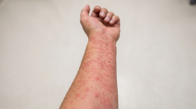 Close-up of a person's arm covered in a widespread red maculopapular rash, indicating a viral infection or allergic reaction.