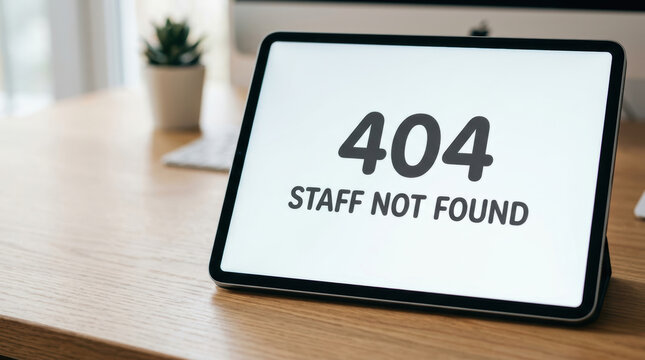 Labor shortage impact shown by staff not found message on tablet in modern office setting