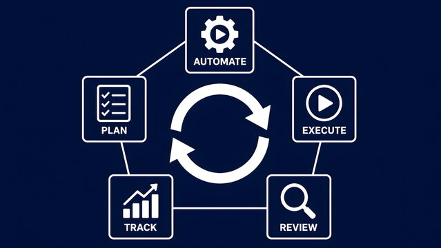 Continuous business workflow automation lifecycle diagram displaying plan automate execute review and track strategy phases