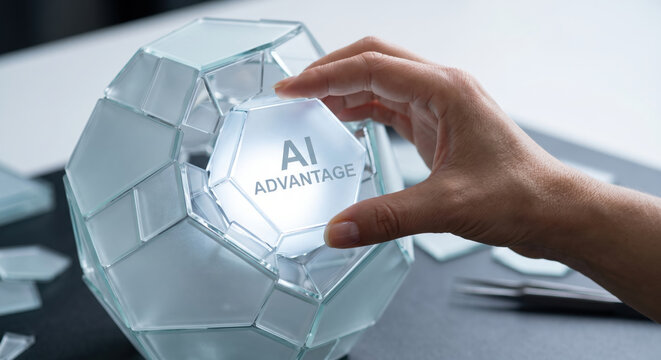 Generative AI investments concept with hand placing glass piece labeled AI advantage geometric puzzle symbolizing innovation and technology