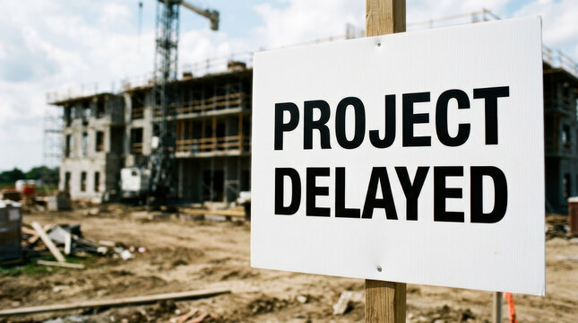 Construction project delayed sign impacts labor shortage building site, highlighting schedule disruption and economic pressure development work