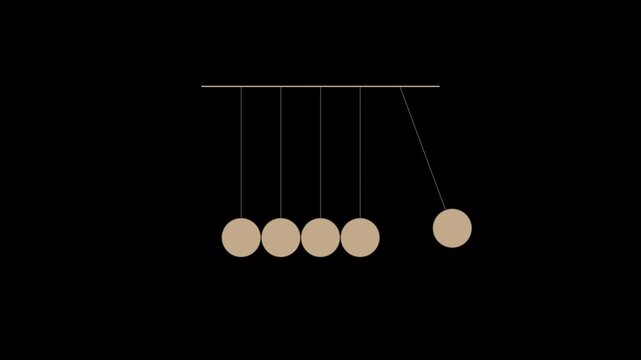 Beige newton cradle swinging balls, physics momentum demonstration loop, transparent background